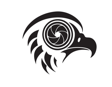 Eagle head with camera aperture black vector illustration on white background