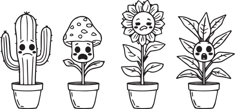 Set of Black and White reaction flower Cartoon Facial Expression , Showing Different Emotions and Reactions on White Background for Design