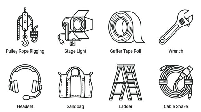 Set of film production and stage equipment icons outline vector illustration 