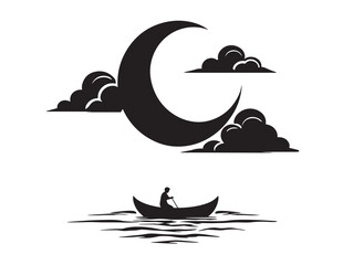 Crescent moon and boat silhouette against a white background vector illustration © Prodeep