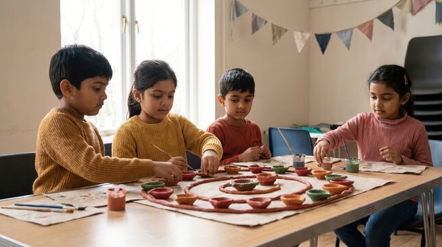 Children Arranging Clay Diyas for India's Independence Day Celebration