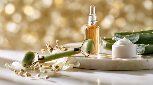 Luxurious skincare tools and products, bathed in soft golden light