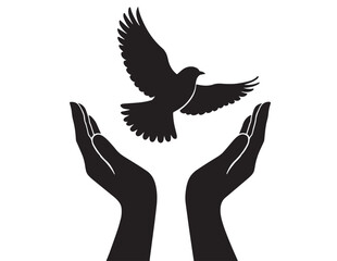 Fototapeta premium Black silhouette of hands cupping a flying bird vector illustration