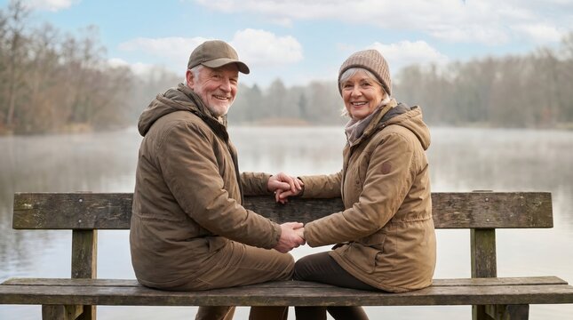 Senior Couple Holding Hands on Bench for Senior Citizen Day