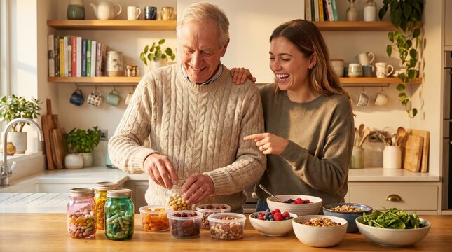 Senior Citizen Day: Man Organizes Vitamins with Family Help