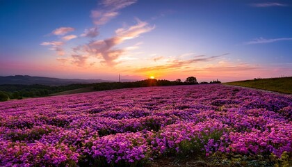 Obraz premium Sunset Over A Field Of Pink Flowers At Dusk