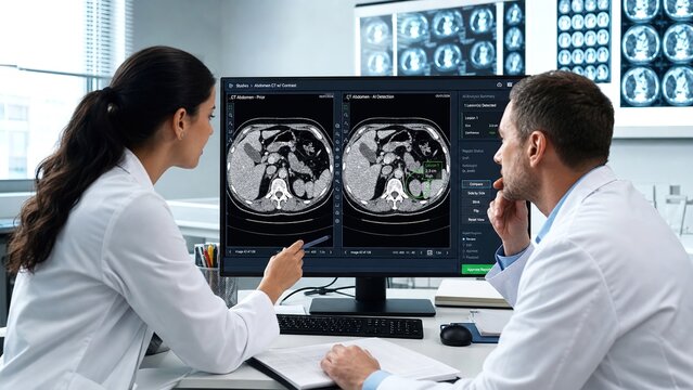 Radiology Team Evaluating AI-Marked Scans for Corporate Healthcare Campaigns