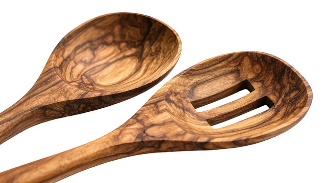 Isolated pair of elegant natural olive wood kitchen serving utensils, spoons and spatula