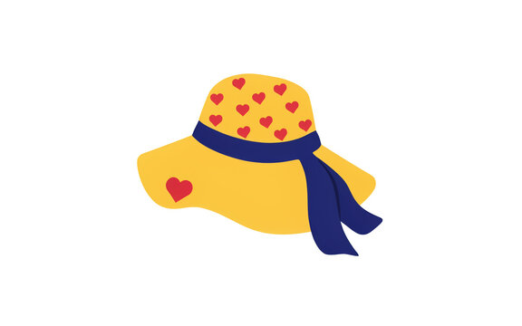 Bright cheerful sunhat with heart pattern and navy blue ribbon for summer fashion accessories