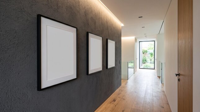 Modern hallway with framed pictures and wooden flooring.