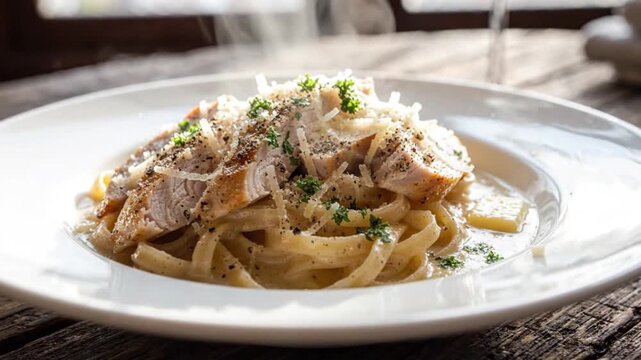 Steaming Hot Creamy Fettuccine Alfredo Pasta with Grilled Chicken Breast and Grated Parmesan Cheese