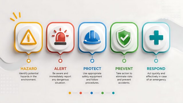 Safety first protocol infographic showing hazard alert protect prevent and respond steps with 3d icons