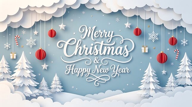 Winter Christmas composition in paper cut style. Merry Christmas text Calligraphic Lettering Vector illustration.
