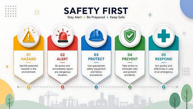 Corporate safety first process infographic featuring hazard alert protect prevent and respond banners over cityscape background