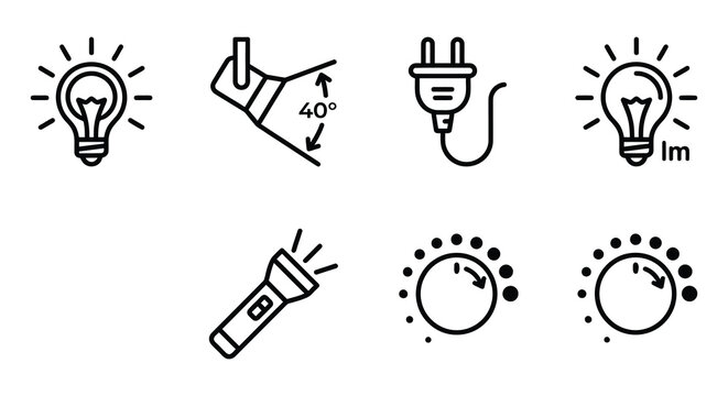 Line art icons of light bulbs flashlights and electrical outlets