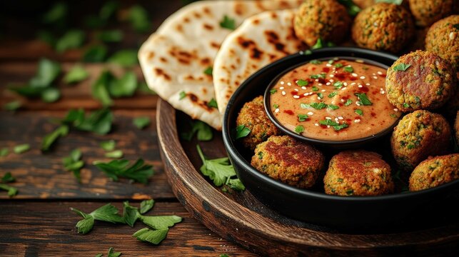 Round fried legume patties with dip and flatbread
