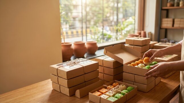 Assortment of Indian sweets in festive boxes for India's Independence Day celebration