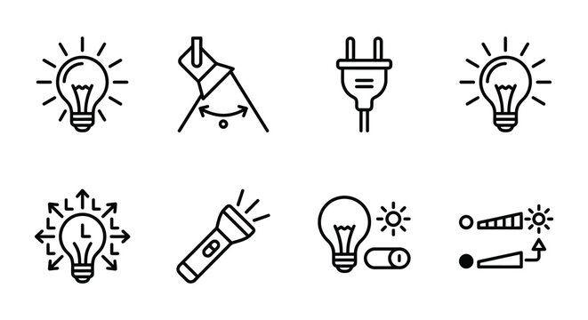 Line art icons of light bulbs flashlights and electrical outlets