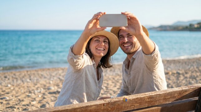 Couple Takes a Selfie on the Beach During Summer Bank Holiday