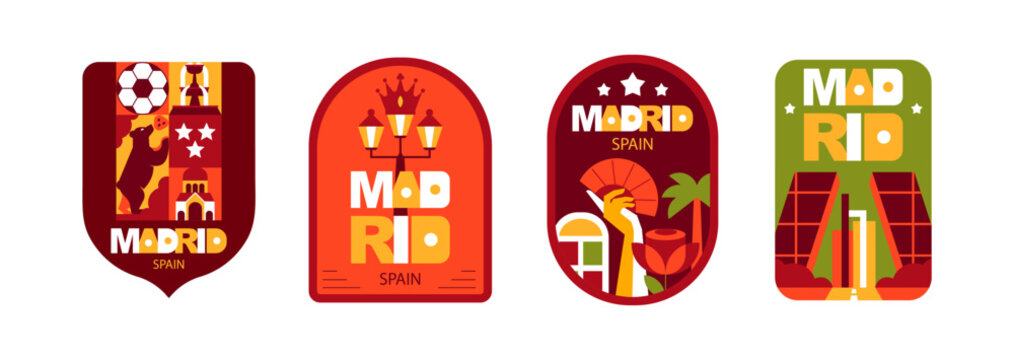Madrid Spain Geometric Badge Set, Colorful Flat Design Stickers