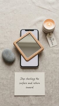 Embrace Digital Detox: Minimalist scene with smartphone, mirror, and zen stone promotes reflection.
