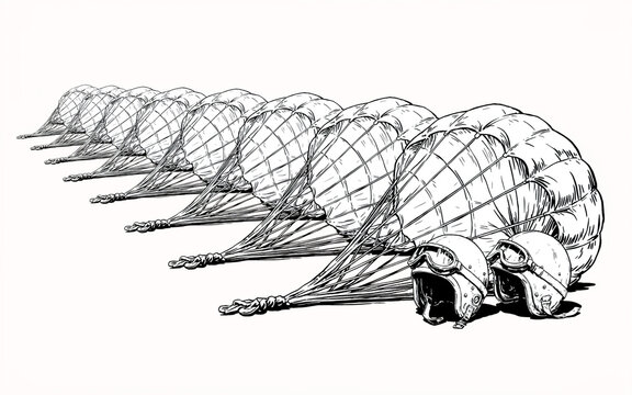 Surreal artistic illustration of parachuting pill bugs with pilot helmets in a sequential motion drawing