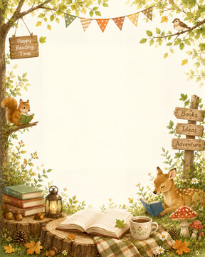 かわいい動物たちと絵本の読書フレーム　読書週間・図書・コピースペース