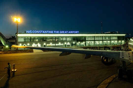 Airport Konstantin Great Nis. Nis, Serbia - June 29, 2025: Entrance to Airport Konstantin the Great Building in Nis City at night, South Serbia