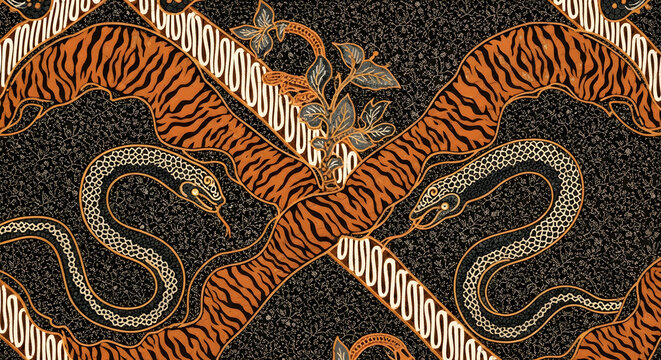 Traditional Indonesian Batik Pattern with Tiger Stripes Snakes and Floral Motifs