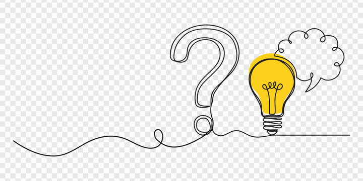 light bulb and speech bubbles continuous one line drawing, Hand drawn one line vector. Quick tips. Continuous one line drawing of question mark, light bulb and speech bubbles. Trendy line art vector