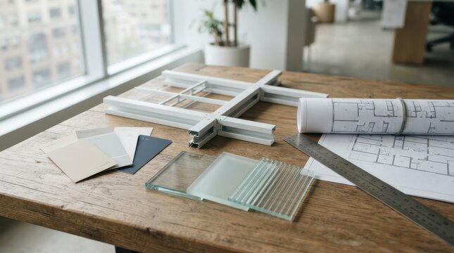 Office renovation materials with paint swatches, ceiling tiles, glass samples, floor plan, and metal ruler on a wood table.