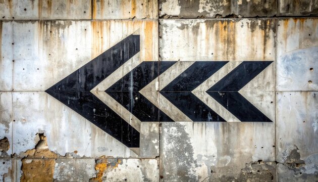 A weathered concrete wall bears a large, bold, black-and-white chevron arrow pointing left