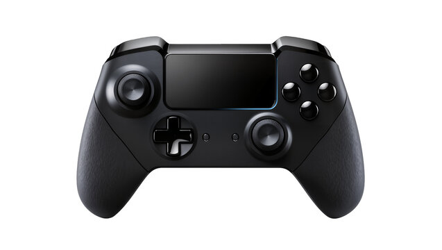 Isolated modern black wireless video game controller, sleek next-gen gaming console accessory
