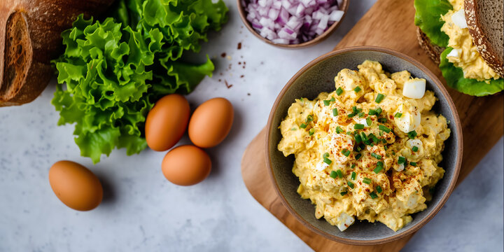 Creative food template. High protein scrambled egg salad with mayonnaise vegetable onion in bowl and sandwich baguette. copy text space. long banner