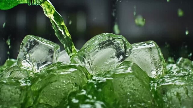 Refreshing Green Drink Poured Over Ice Cubes in Slow Motion.