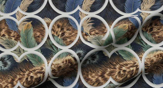 Luxury feather and fur pattern with geometric circles and curved lines - Abstract decorative background texture