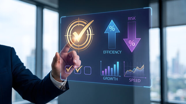 Businessman touching virtual dashboard with efficiency increase and risk decrease charts, corporate performance, Business strategy and risk management concept.