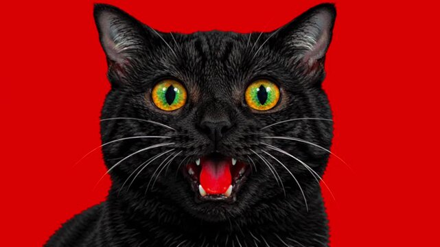 Surprised Black Cat Meowing Against Vibrant Red Background
