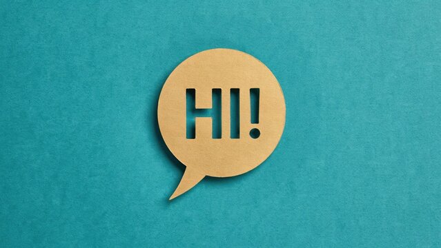 Tan paper speech bubble with cutout hi text on teal background