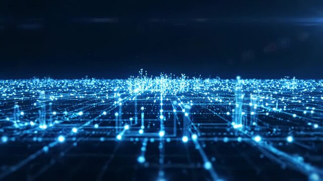 Futuristic digital city network with glowing nodes and interconnected light lines representing data flow and global communication infrastructure
