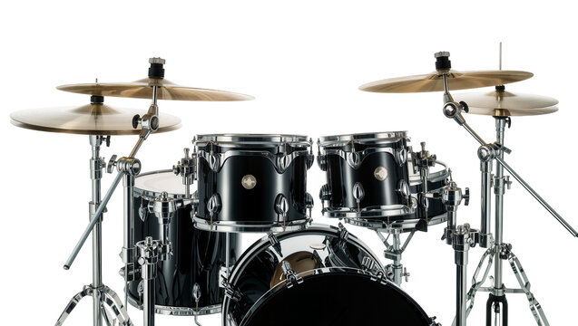Isolated professional black drum kit with shiny chrome hardware and brass cymbals