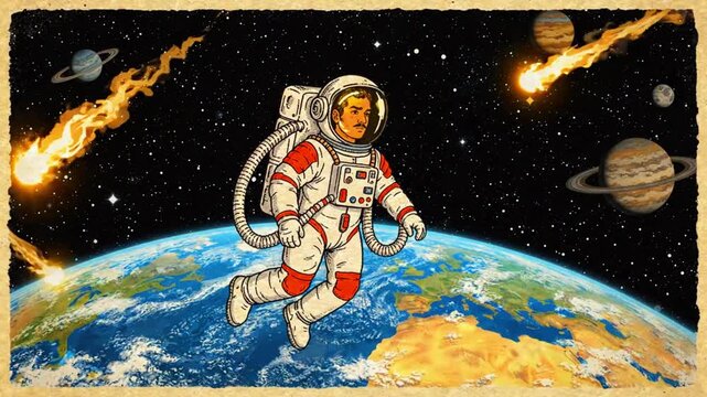 Astronaut Spacewalk Above Earth Loop Animation with Comets
