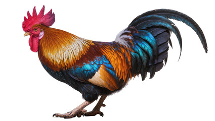 Isolated vibrant colorful rooster standing proudly, showcasing beautiful plumage and bright red comb © Saoirse