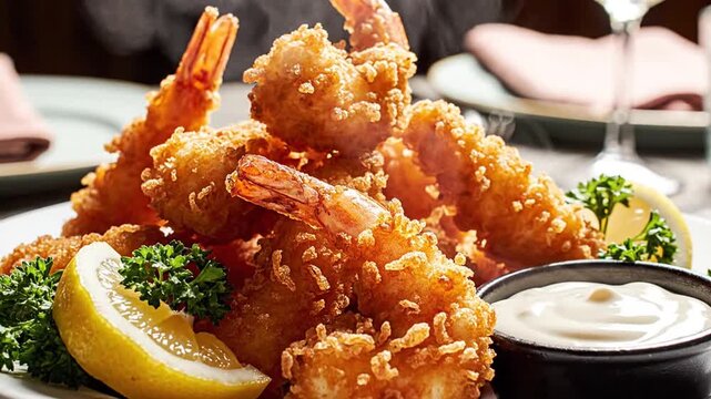 Hot Fried Shrimp Appetizer Served with Lemon and Dipping Sauce in a Plate