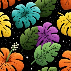 Colorful monstera leaves and hibiscus flower on a starry dark background © Knot_Vain