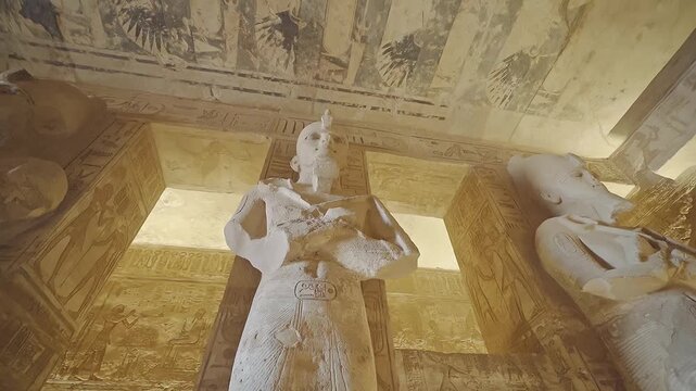 4k footage of Interior view of the famous abu simble temple that is decorated with gods figures and hieroglyphs in aswan in Egypt. 