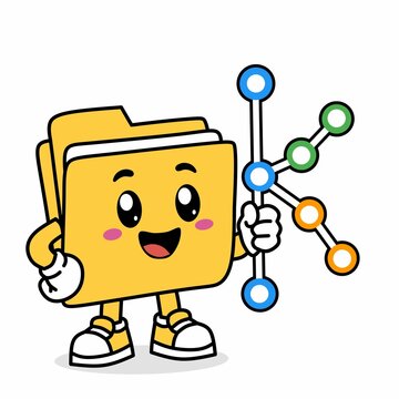 Cute folder mascot holding a network diagram, representing file management, data organization, cloud storage and document sharing