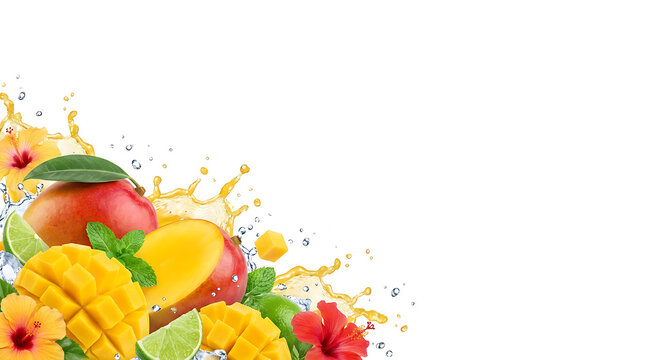 Fresh mango fruit splash with lime and flowers. Tropical juice explosion on white background.