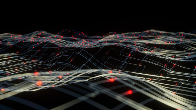 Abstract network with lines and glowing dots, indicating connectivity and malware virus security issues or data mining information