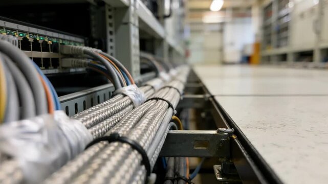 Installation of fiber optical cables in raised floor cable management system detailed focus on cable bundles with defocused facility layout behind.